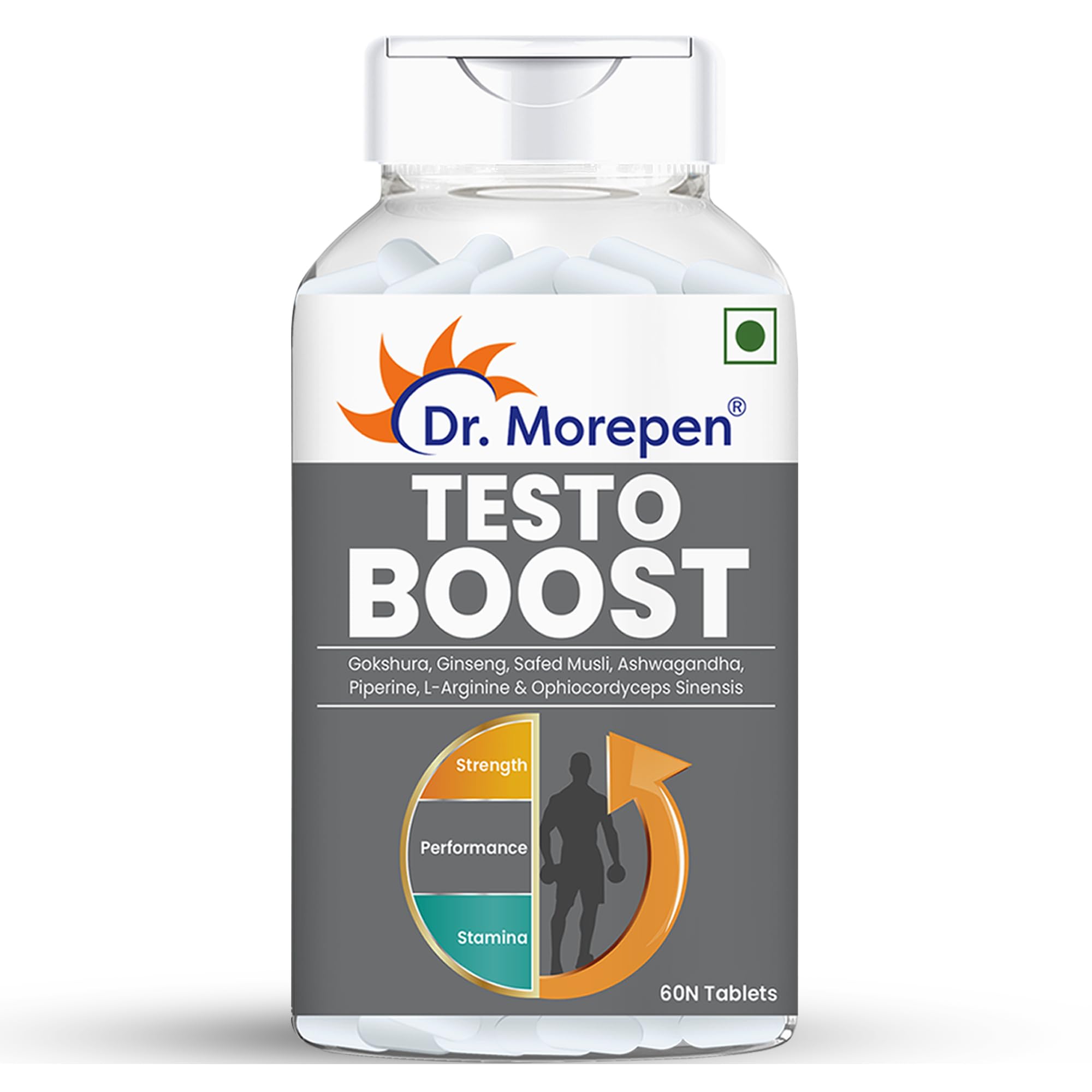DR. MOREPEN Testo Boost For Men Enriched With Gokshura, Shilajit, Safed Musli, Ashwagandha, L-Arginine, & Ophiocodyceps Sinensis - 60 Veg Tablets