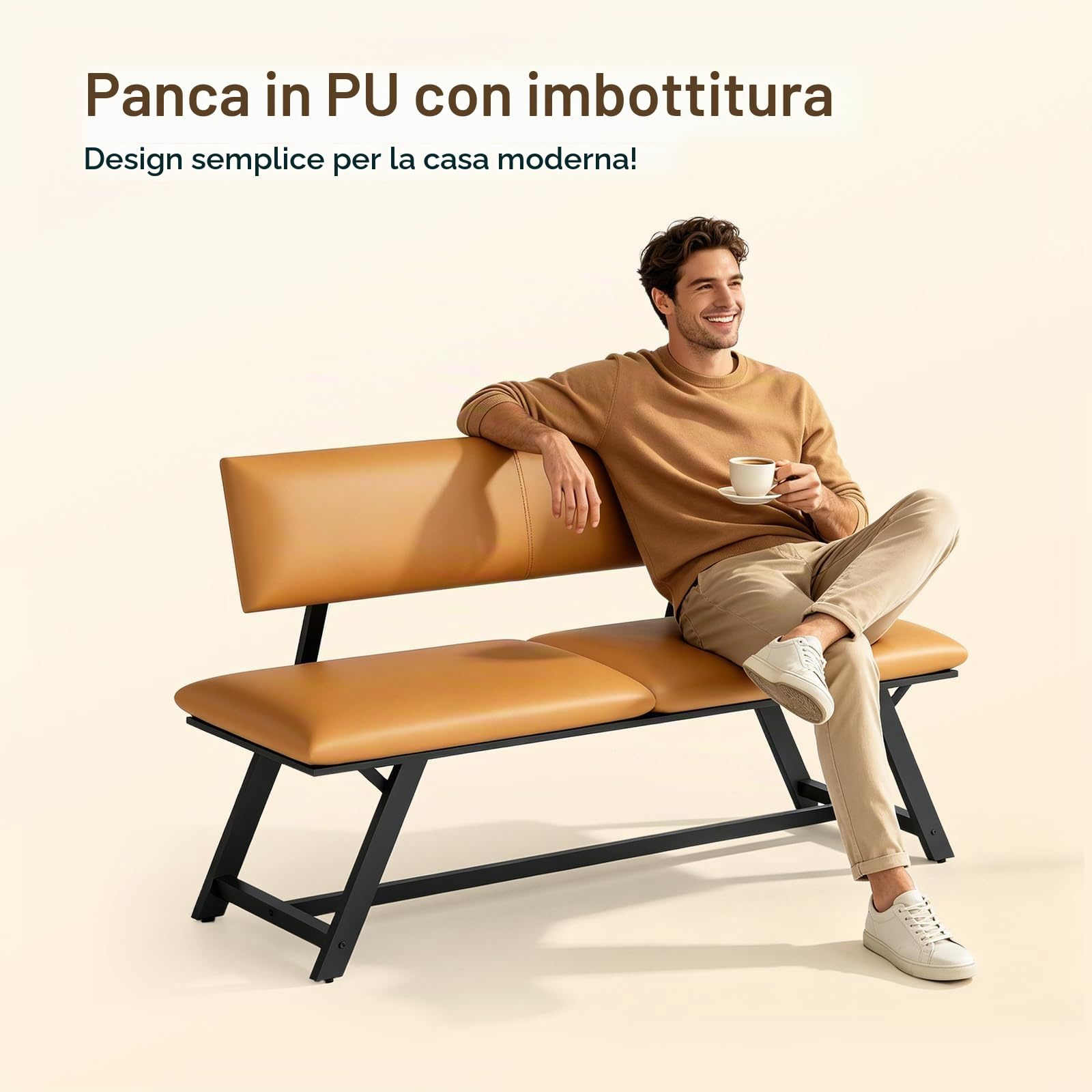 HOOBRO Panca Imbottita 139 cm con Schienale in PU, Struttura in Metallo con Piedini Regolabili, Seduta per 2-3 Persone per Sala da Pranzo, Cucina, Soggiorno e Corridoio, Marrone e Nero ECB18CD01