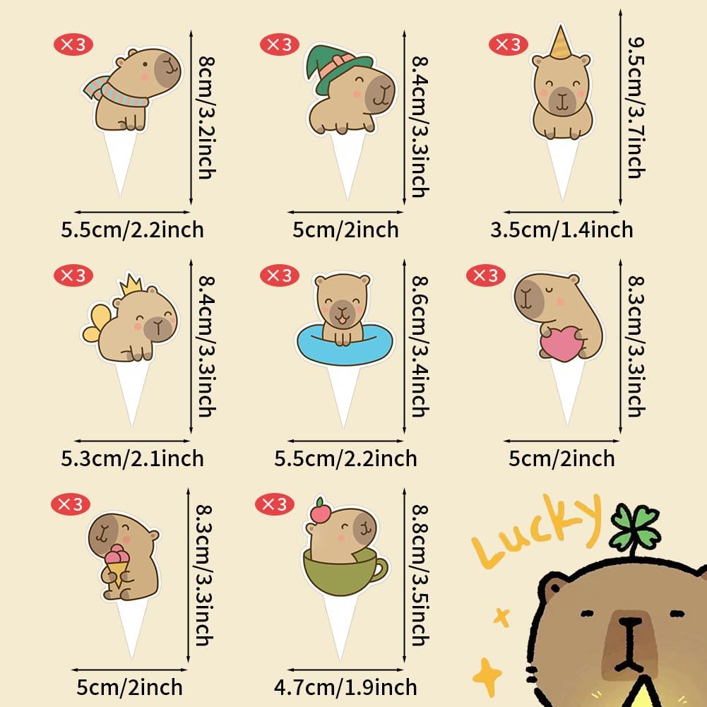 Capybara Cupcake Toppers and Wrappers, Set of 48pcs Lovely Capybara Cartoon Patterns Cupcake Decorations for Kids Boys Girls Birthday Party Baby Shower Wedding Holiday Supplies Favor