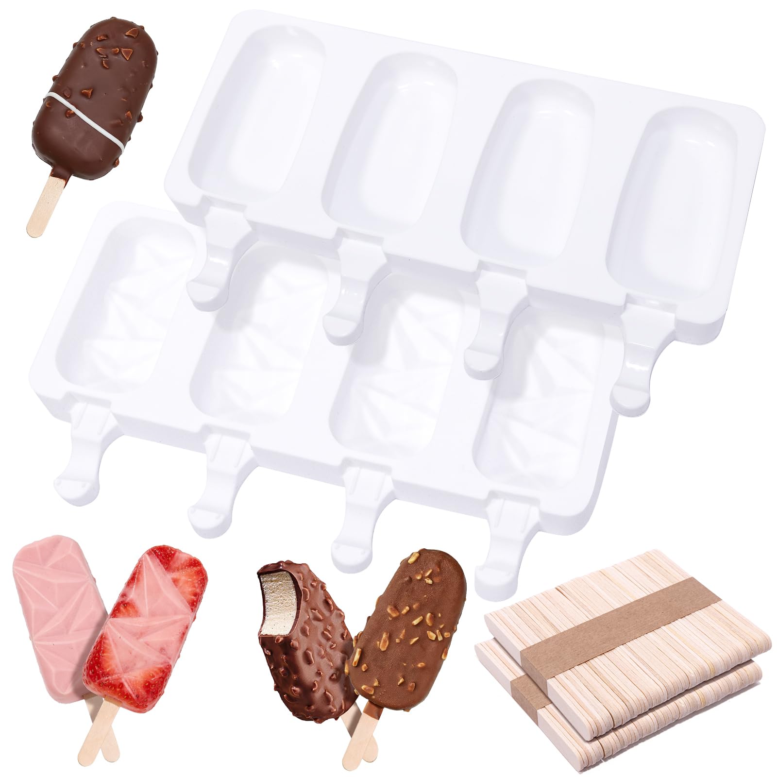 2PCS 4 Cavities Ice Lolly Moulds with 100pcs Wooden Sticks Ice Cream Moulds