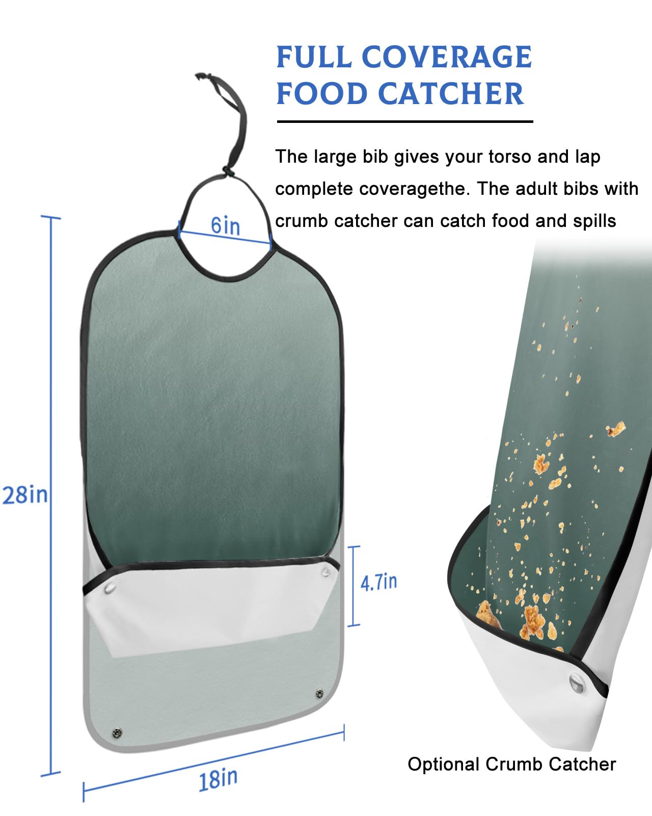 Kewadony Adult Bibs for Elderly Women - Green Grey Ombre Waterproof Dining Clothing Protectors with Crumb Catcher for Eating/Feeding, Gray Green Gradient Terry Cloth Bib Machine Washable