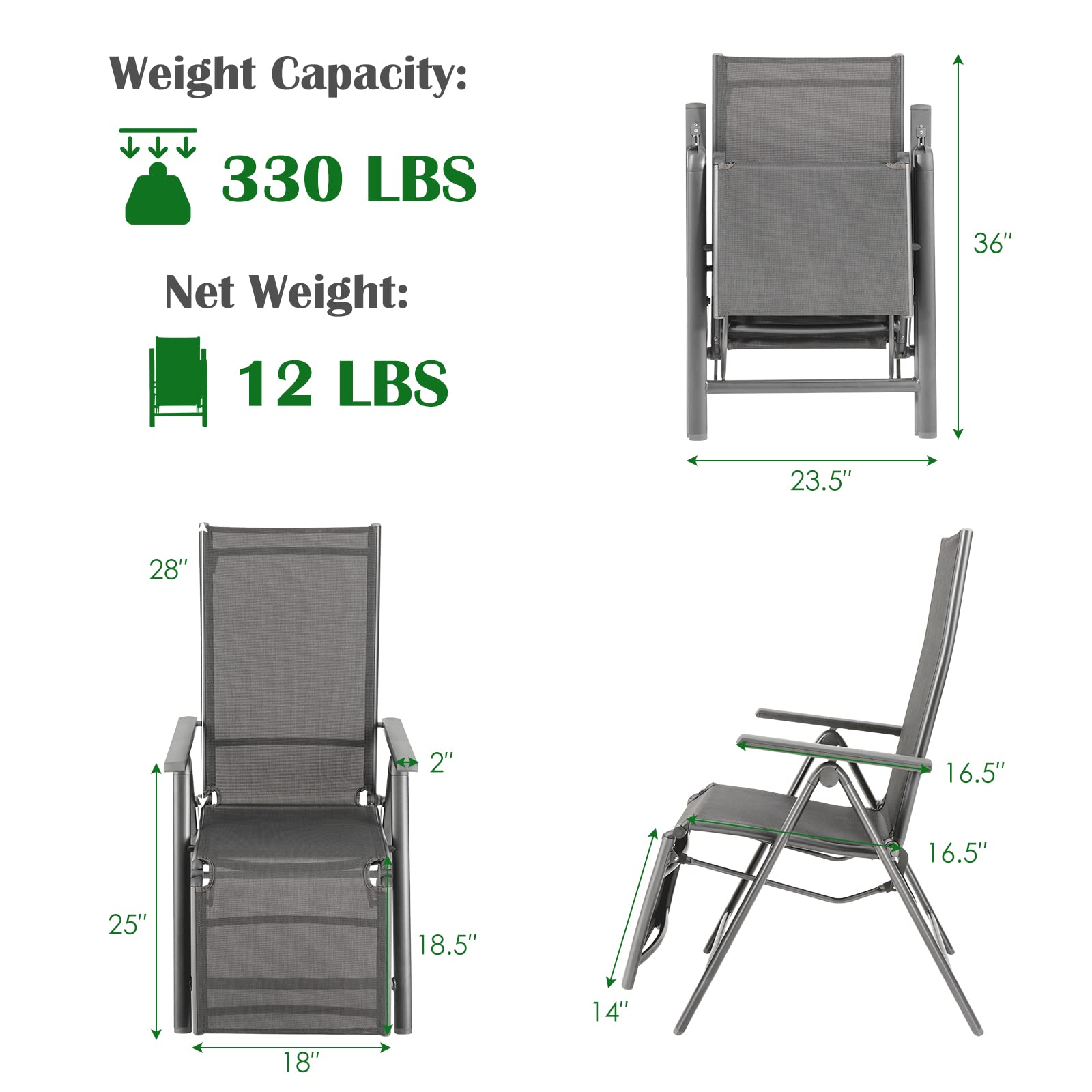 costway set of 2 patio folding chair recliner adjustable black