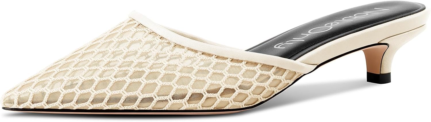 NobleOnly Mesh Mules for Women Close Pointed Toe Kitten Heels Slip on Backless Dress Wedding Casual Pumps 1.4 Inches Heels