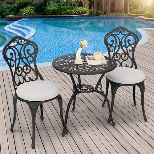 Image of NUU GARDEN 3 Pieces Patio Bistro Set, Outdoor Bistro Set with 2 Chairs, Round Table with Umbrella Hole, Outdoor Bistro Set with Grey Cushions and Umbrella Hole, Black