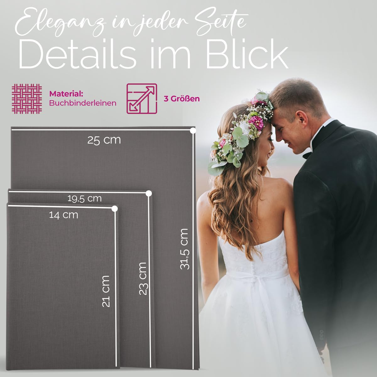 Hochzeitideal Stammbuch zur Hochzeit – A4 in Grau– 'Ally' Nr. 82 – personalisierbares Familienstammbuch & Erinnerungsbuch mit 4-Fach Ringmechanik, handgefertigt in Deutschland