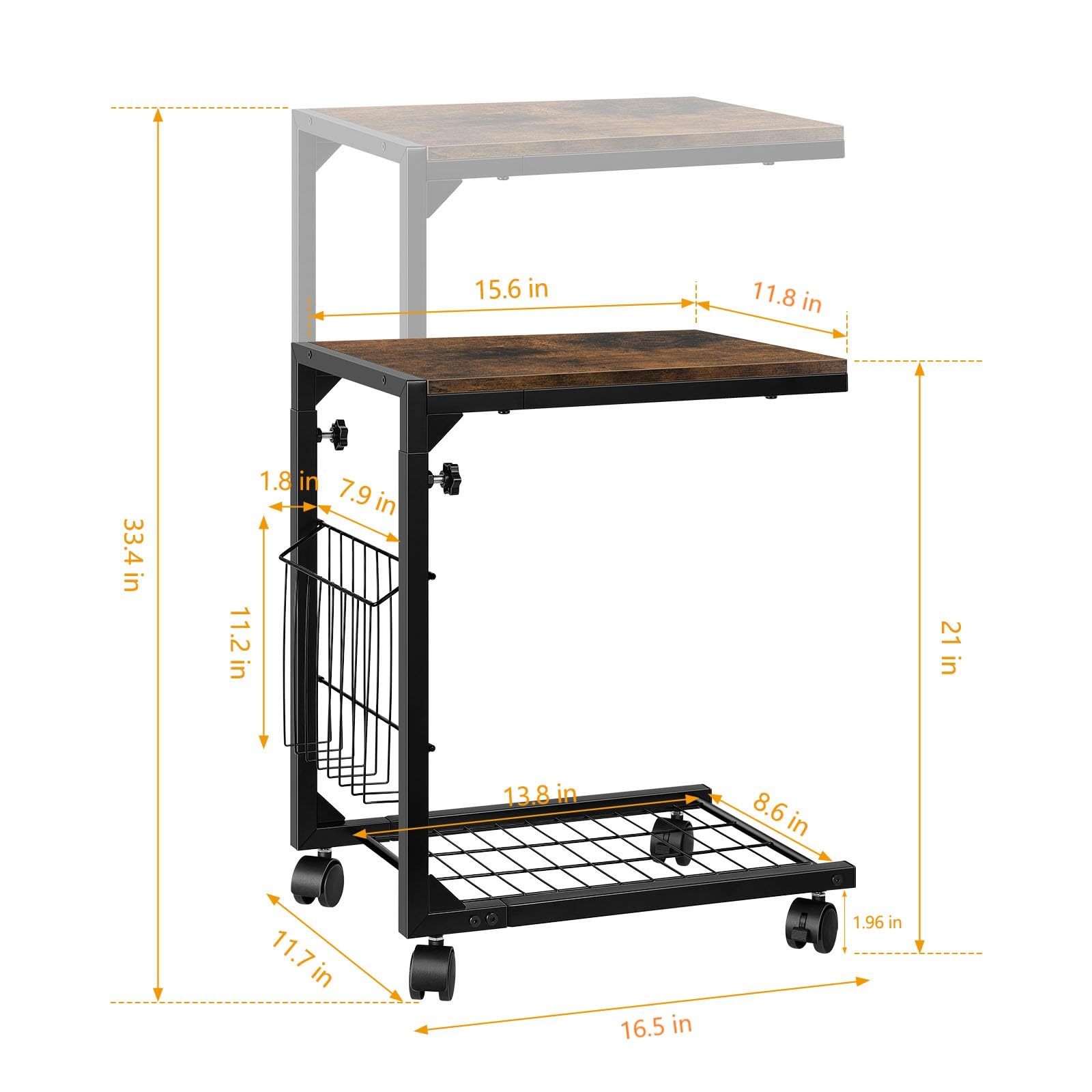 C Shaped Side Table End Table with Storage Small Sofa Table with Wheels Height Adjustable Couch Tables That Slide Under Snack Side Table for Living Room Bedroom, Rustic Brown