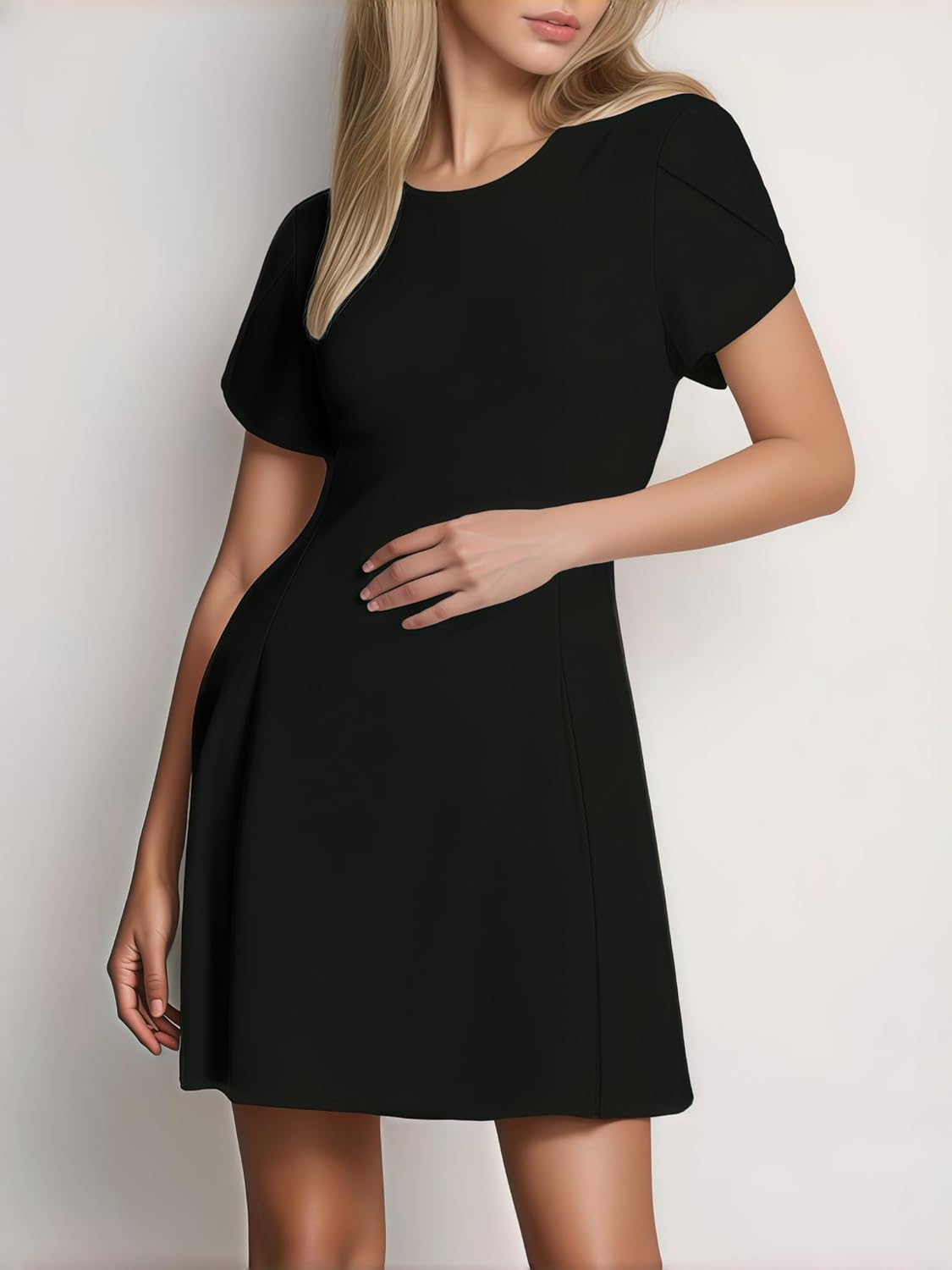 Azhong Women's Summer Short Sleeve Crew Neck Flared Mini Dress A-Line Petal Sleeve Flowy Party Dress - Image 2