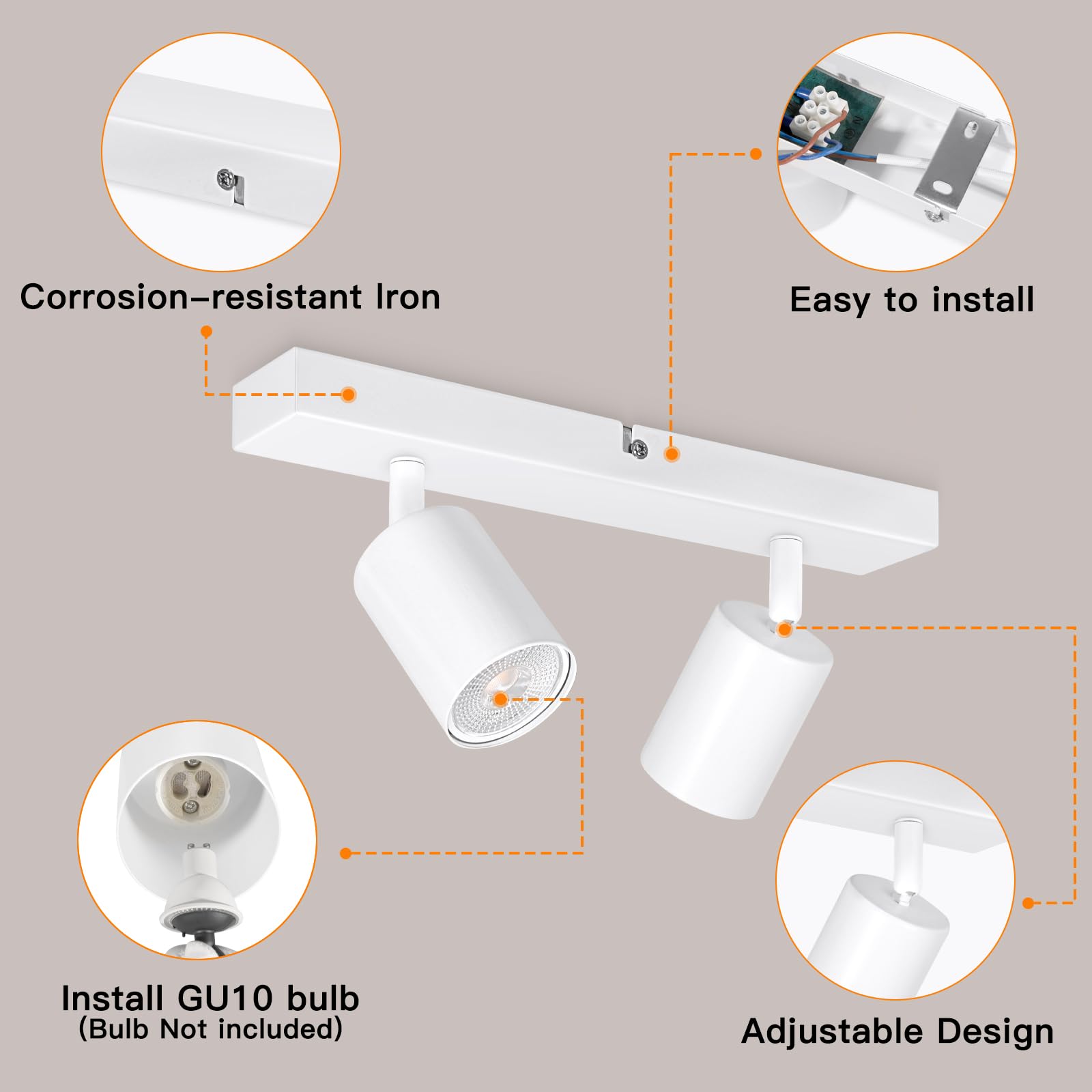 Ketom 2 Pezzi Faretti da Soffitto Orientabili Bianco, GU10 Lampada Faretti Led Soffitto Moderna, Plafoniera LED con 2 Faretti per Cucina, Cameretta, Senza Lampadina