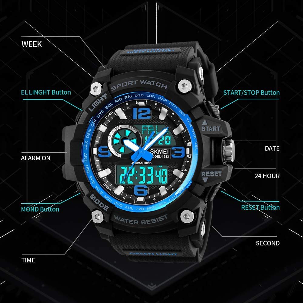 MASTOP Orologio digitale da uomo, impermeabile fino a 50 m, grande quadrante, multifunzione, analogico, militare, sportivo, impermeabile, elettronico