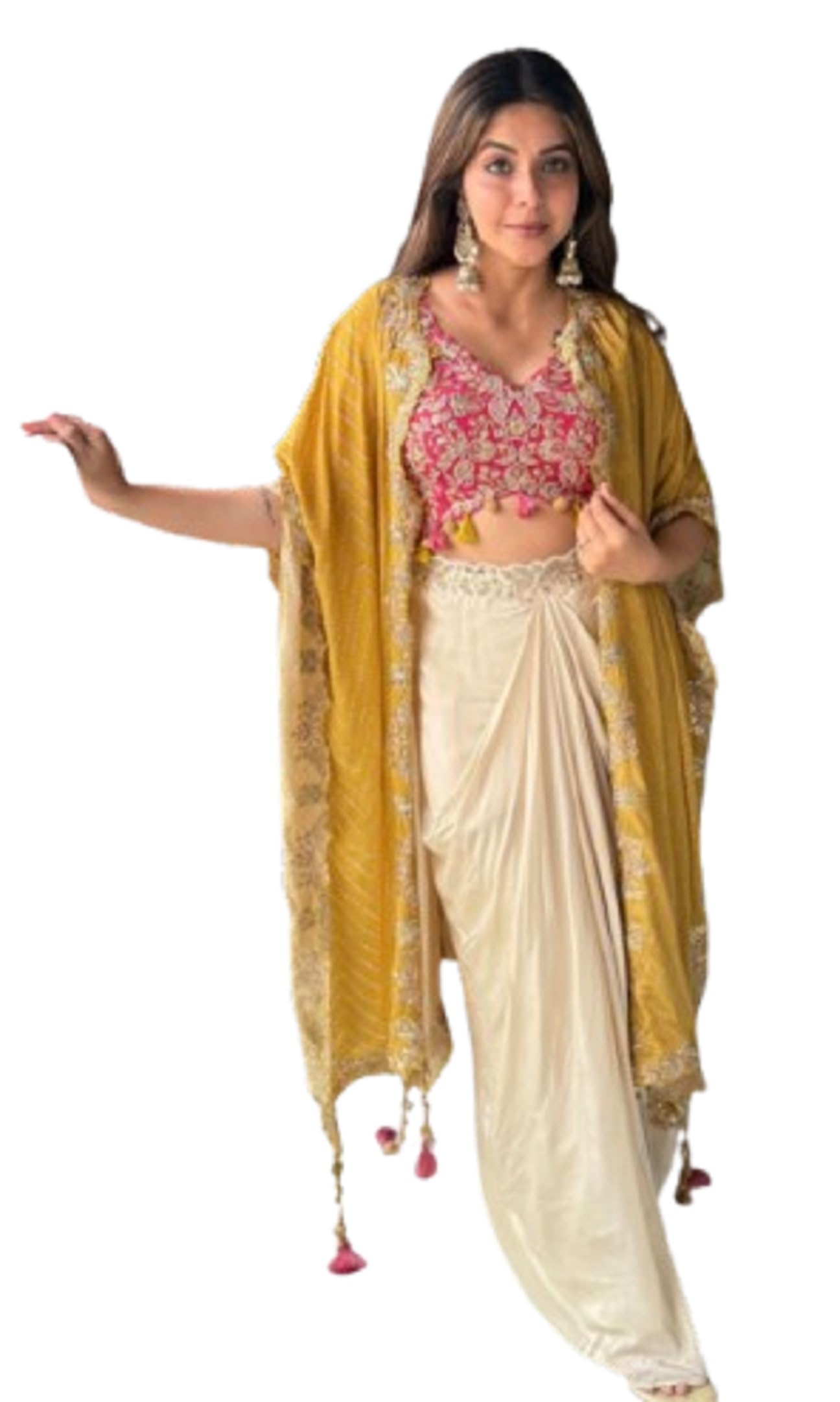 brand of brothers stor Lehenga Dhoti Trending Women's Athree-piece western outfit for the trendy wedding Shrug with Dhoti style,Hevey Banglori Full Stitched Blouse Set yellow-picture-19