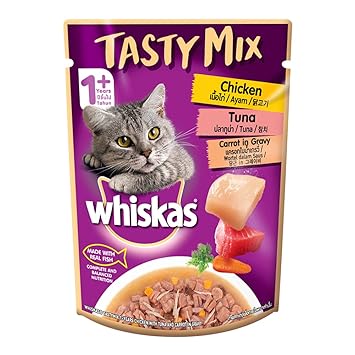 Whiskas Adult (1+ Year) Tasty Mix Wet Cat Food Made with Real Fish, Chicken with Tuna and Carrot in Gravy - 70g Pouch