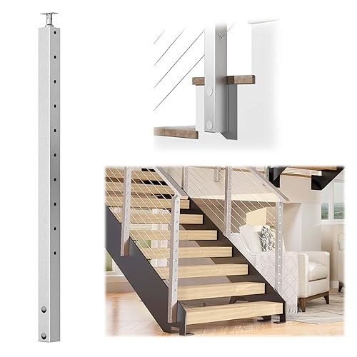 Miniatura 1 de Muzata Poste de escalera de montaje lateral de 36 x 2 x 2 pulgadas, apto para 25 a 35 grados, poste de barandilla de cable de escalera, parte