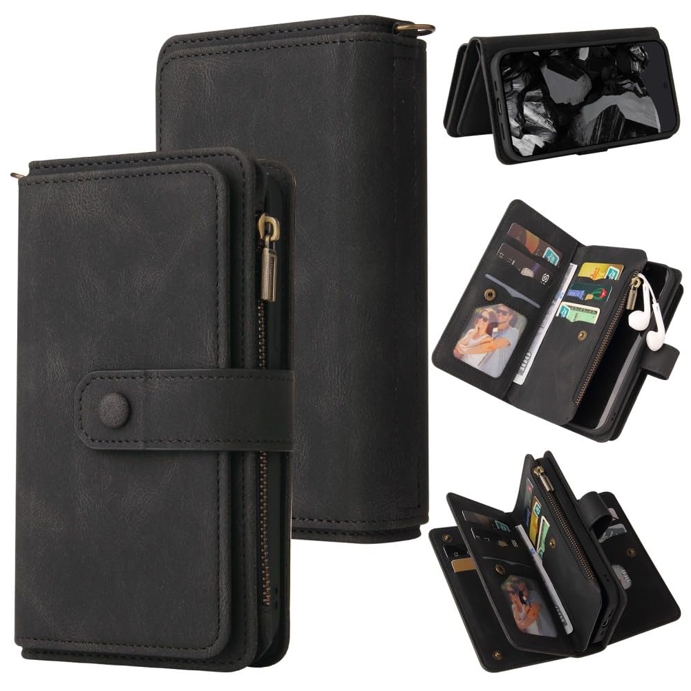 Generic Custodia compatibile con Google Pixel 10 5G (colore: nero) portafoglio in pelle con cerniera 15 scomparti per carte di credito flip cover posteriore
