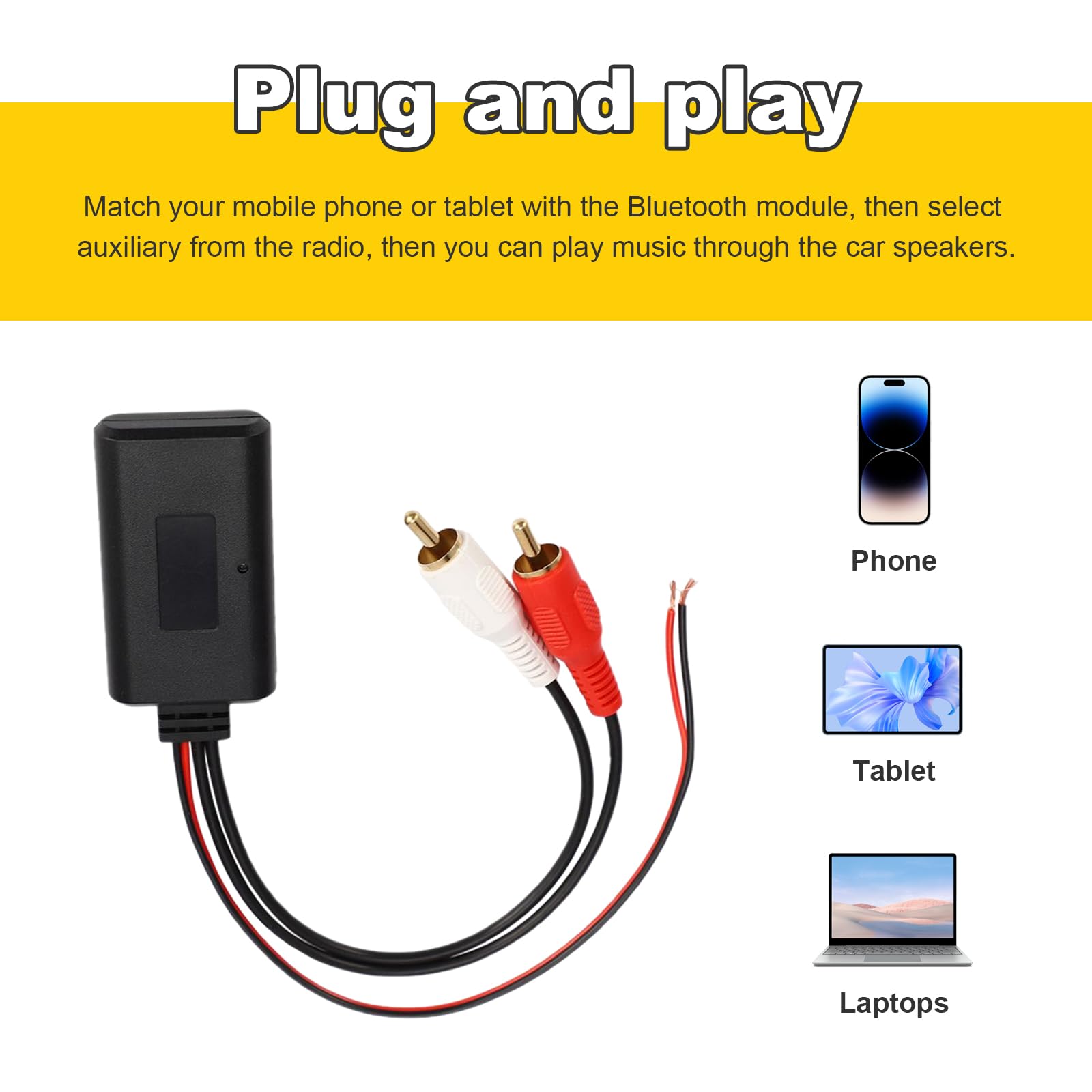 Dickno Auto Wireless Bluetooth Kabel Adapter, Universal Automotive Wireless Radio Stereo Stecker mit 2 RCA AUX Audio, Auto Bluetooth 5.0 Modul Musikempfänger passend für die meisten Fahrzeuge