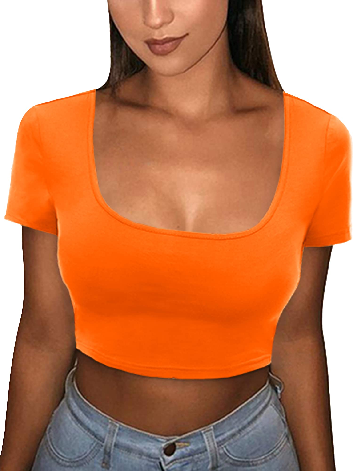 VETIORWomen's Cotton Basic Scoop Neck Crop Top Short Sleeve Tops