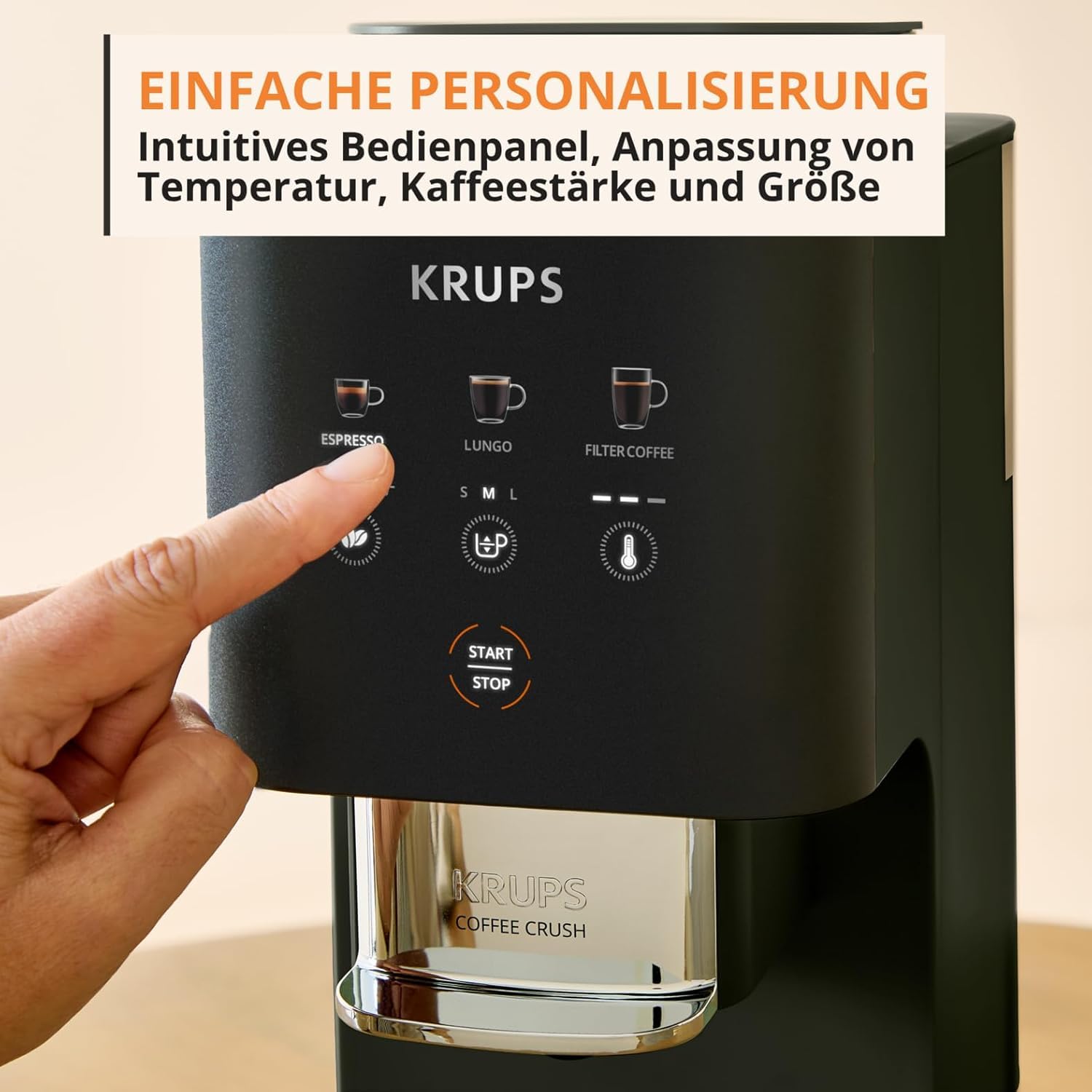 KRUPS Kaffeevollautomat Coffee Crush SA4028E0 mit elektrischem Milchaufschäumer XL1008 – Edelstahlmahlwerk, 15 cm schmal, Frisch- & Pulverkaffee, 150 ml Milchschaum, Schwarz