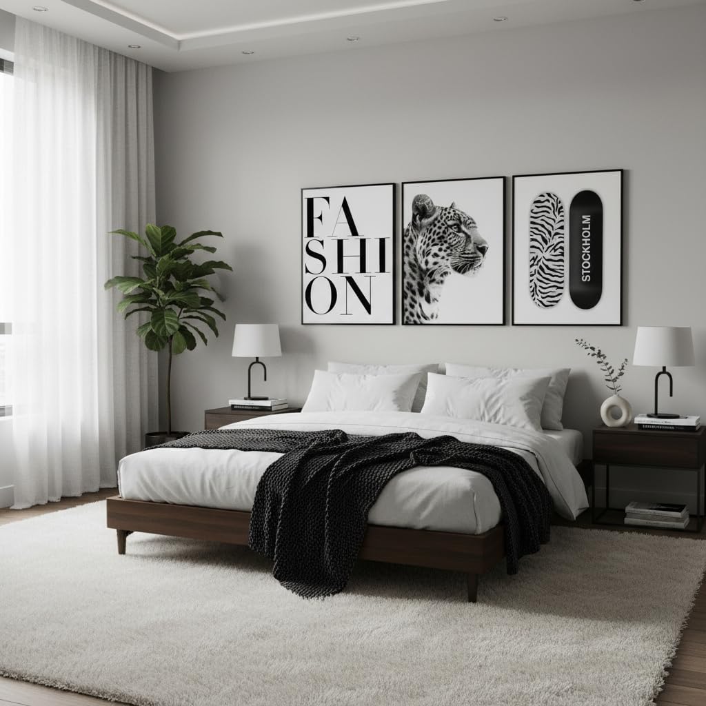 3Pcs Trendy Black and White Leopard Poster Wall Art Preppy Stockholm Cheetah Painting Picture Wall Decor Funky Skateboard Canvas Print Artwork for Dorm Apartment Bathroom Home Decoration Unframed