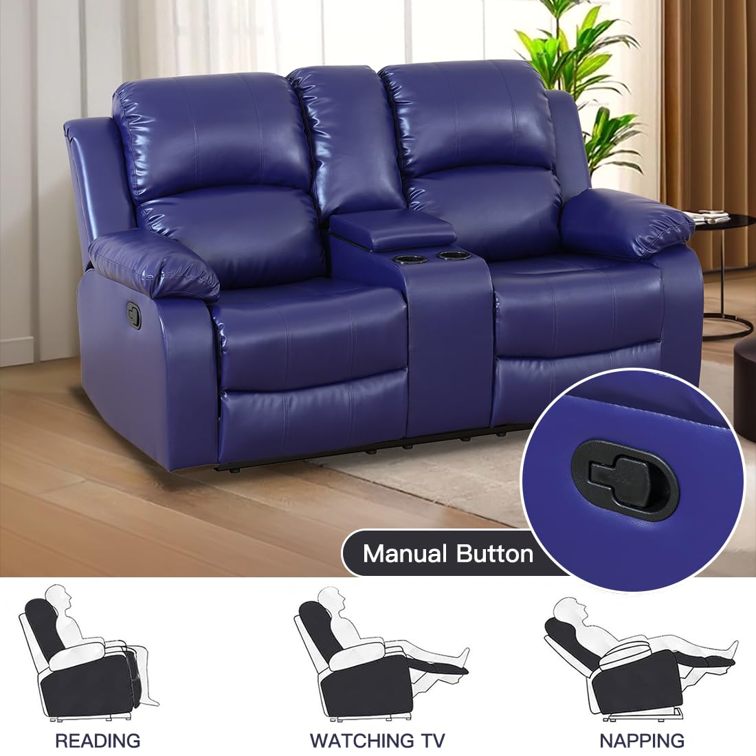 Toseslo Manual Recliner Loveseat Set, Living Room Furniture Sets, 2 Seater Modern Reclining Couches, Blue Leather Reclining Couch Sets with Storage Console/Cup Holder for Living Room/Apartment view 5