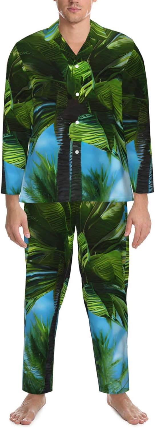 Summer Palm Tree Print Luxurious Mens Pajamas Set,Breathable Pajamas Set,Perfect For Lounging Bed,Sofa