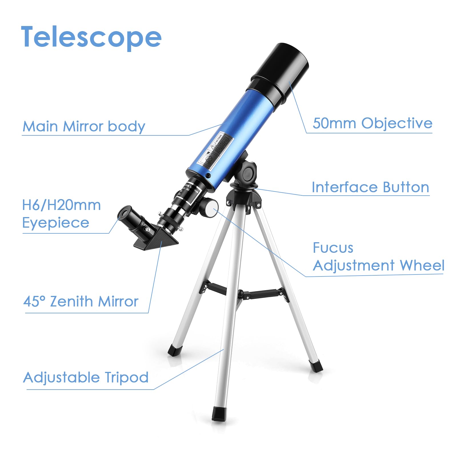 Cowiewie Télescope Astronomique d'Entrée de Gamme 360/50 mm HD Réfracteur Portable pour Observation Céleste - pour Enfants/Adultes/Débutants
