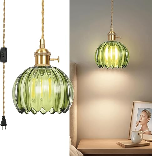 Mini lámpara colgante de flores enchufable, lámpara colgante de cristal verde de 15 pies, luces colgantes de isla de cocina, comedor, dormitorio,