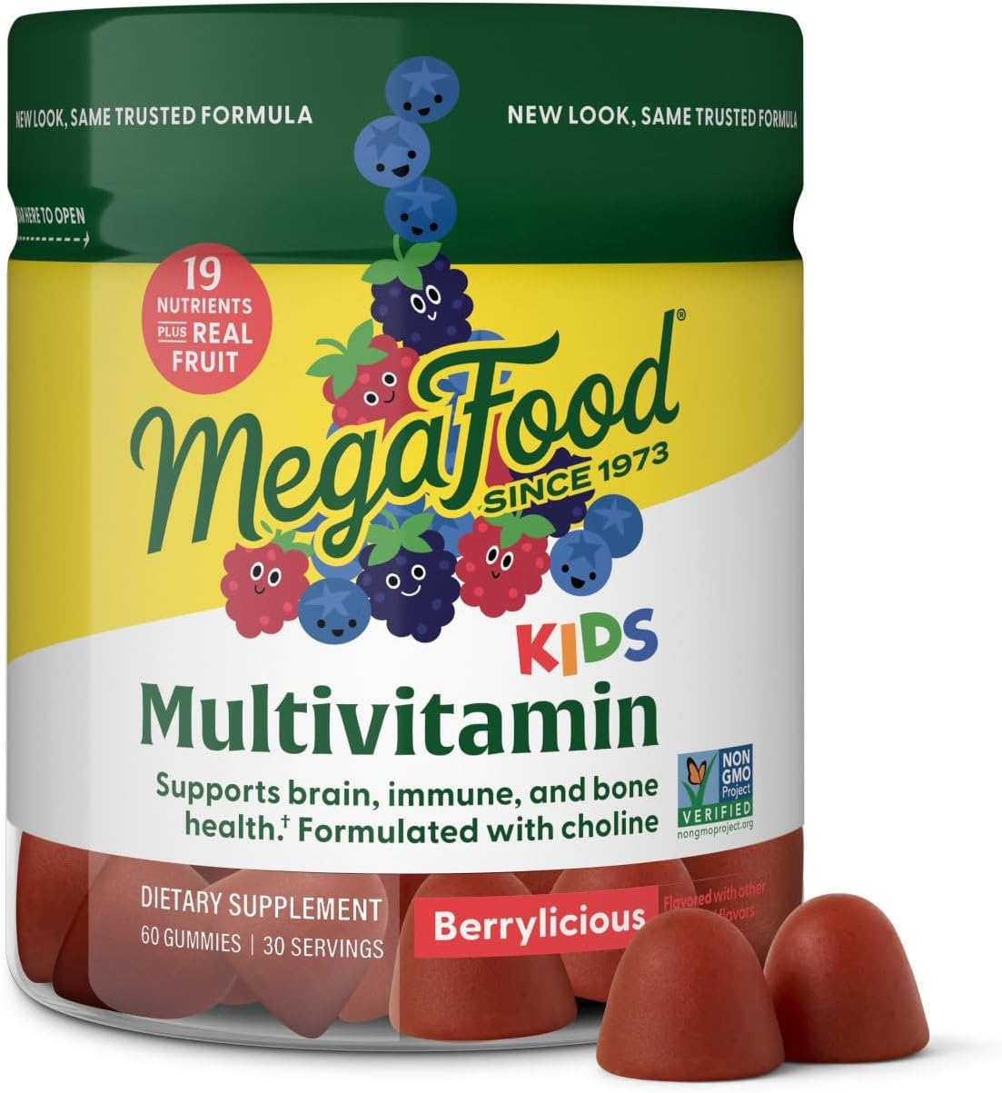 Kids Multivitamin Gummies - Kids Vitamins - Age 4+ with Vitamin C, Vitamin D, Zinc, Choline, and Real Fruit - Brain & Immune Support - Berrylicious Flavor - 60 Gummies (30 Servings)