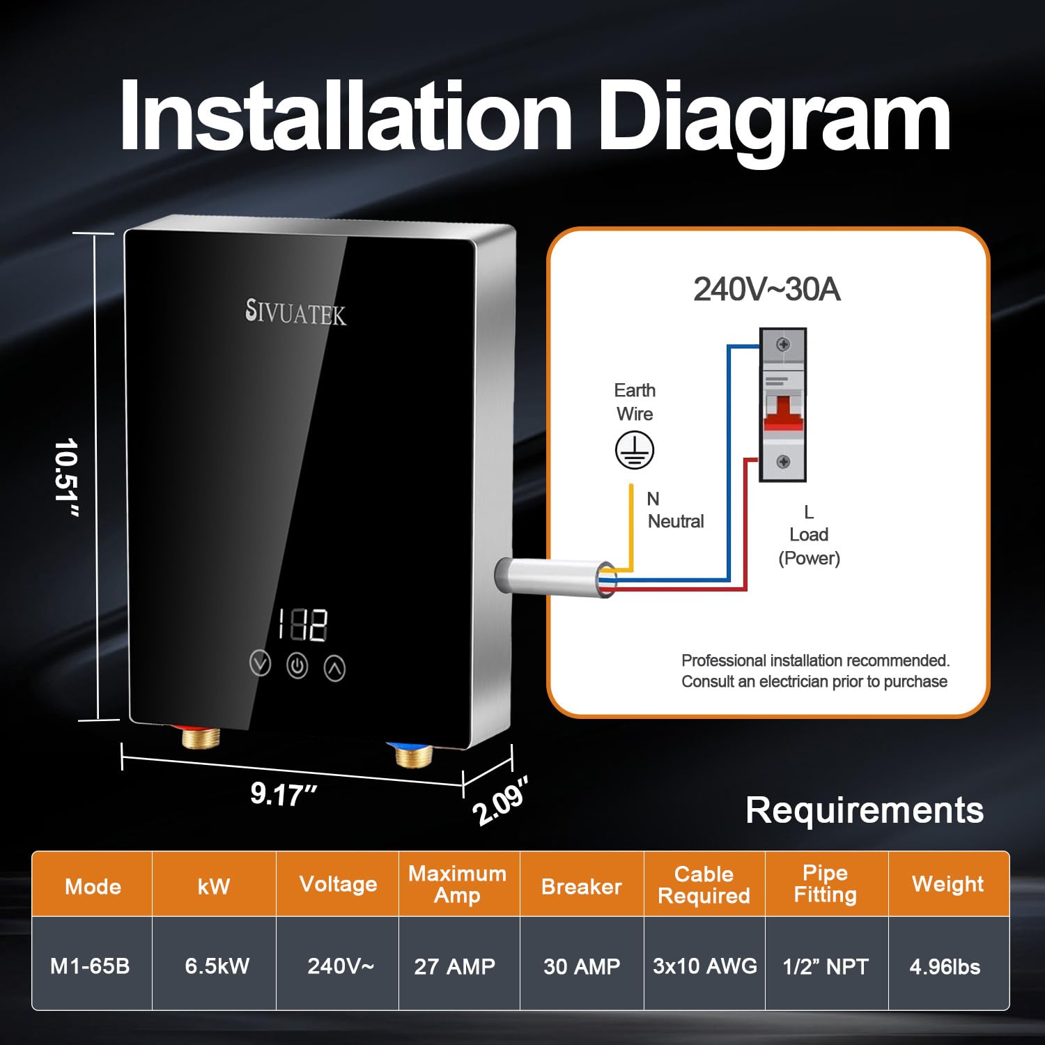 Scaldabagno elettrico senza serbatoio, su richiesta, scaldabagno elettrico intelligente a punto di utilizzo, scaldabagno istantaneo 6,5 kW 240 V per rubinetti M1-65B