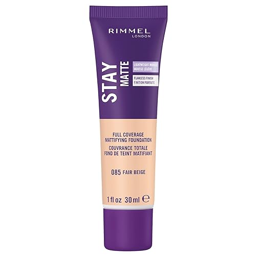 Rimmel London Stay Matte Liquid Mousse 085 Fair Beige - Base ligera, control de brillo, sin aceite, 1 onza