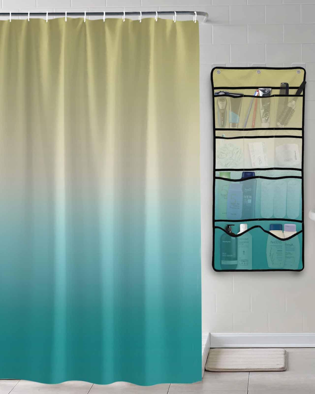 Shower Curtain Mesh Shower Organizer Hanging Set Yellow Cyan Turquoise Gradient Waterproof Shower Curtains with 10 Pockets Quick