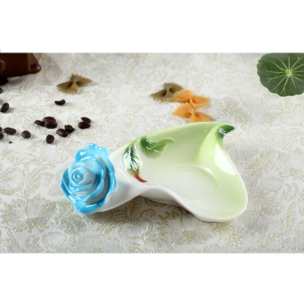 Teetassen-Set, handgefertigte Emaille-Keramik, Blumen-Kaffeetassen-Set mit Henkel, Cappuccino-Tasse mit Löffel und Untertasse (Blau)