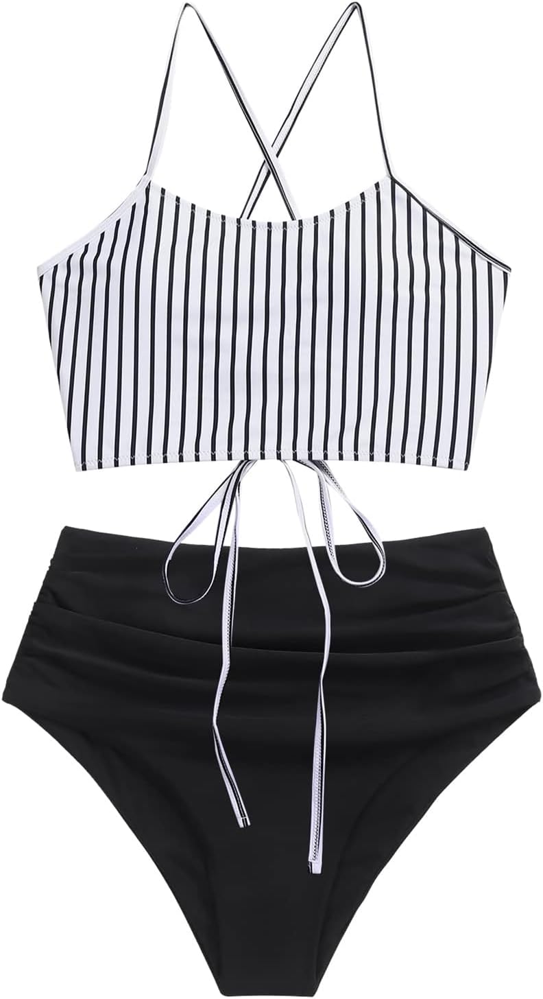 ZAFUL Women's High Waisted Bikini Set Crisscross Tankini Swimsuit Tummy Control Ruched Bathing Suit