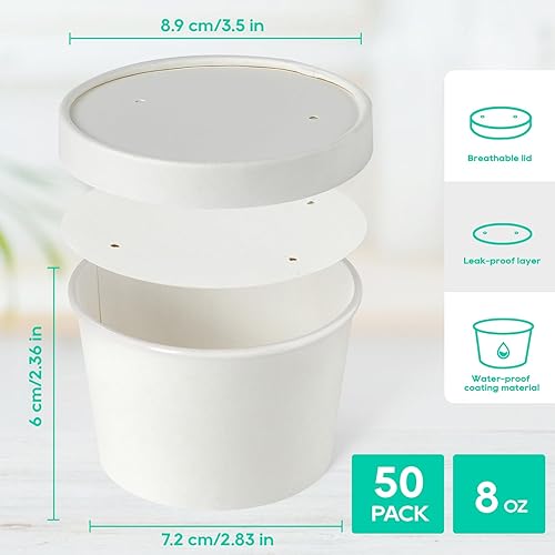 Miniatura 2 de Paquete de 50 recipientes de sopa de papel de 8 onzas con tapas vasos desechables de papel kraft para alimentos tazas de helado almacenamiento de