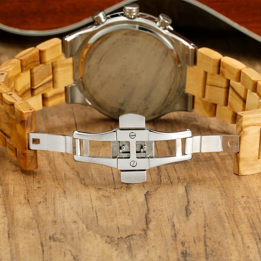 Armbanduhr aus Holz und Edelstahl für Herren, Chronograph mit 3 Zifferblättern, Quarz, Freizeit, Business, Multifunktionsuhr, aus Holz, handgefertigt
