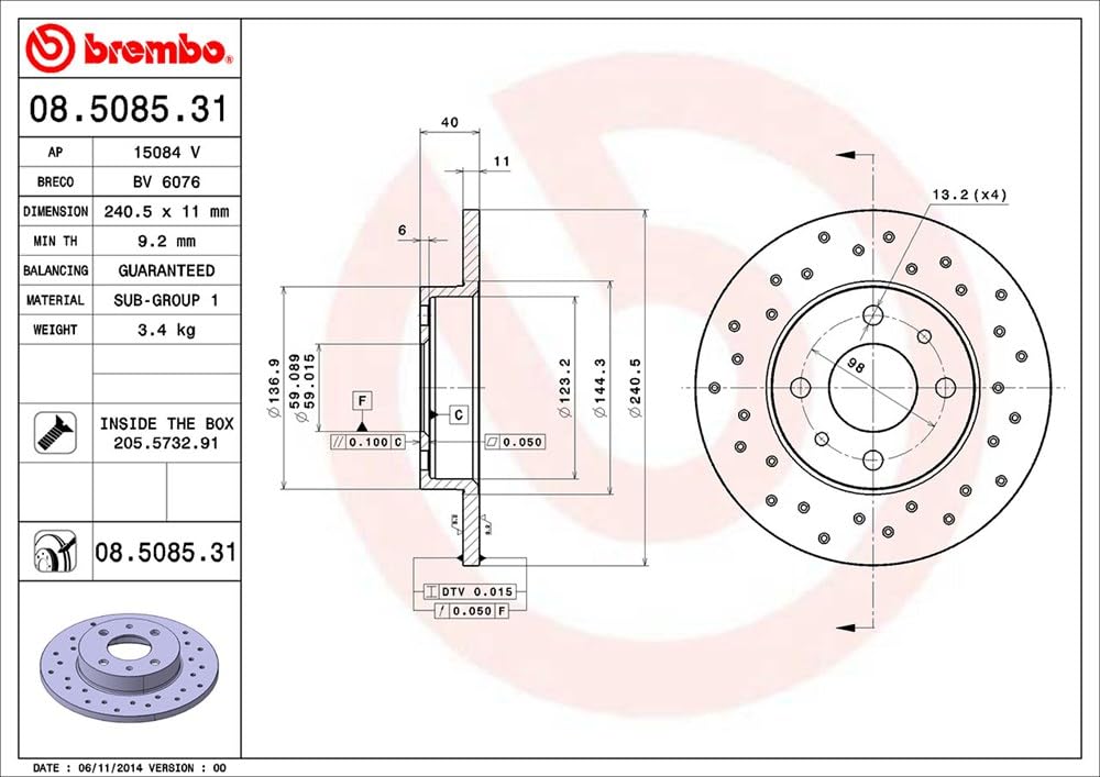 Brembo 08.5085.31 - Disco Freno con Verniciatura UV (Set di 2) - Posteriore