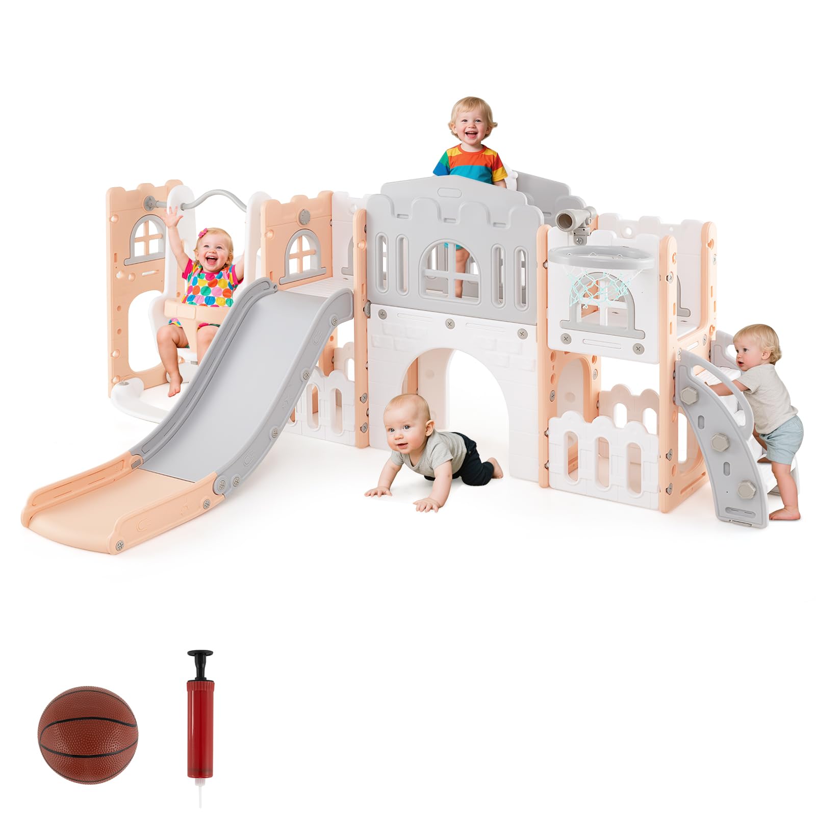 COSTWAY 10 en 1 Toboggan Enfant Pliable en HDPE avec Balançoire & Panier de Basketball, Aire de Jeux Intérieure avec Télescope & Volant & Échelle, Espace de Rangement pour Tout-Petits de 1 an+ (Rose)