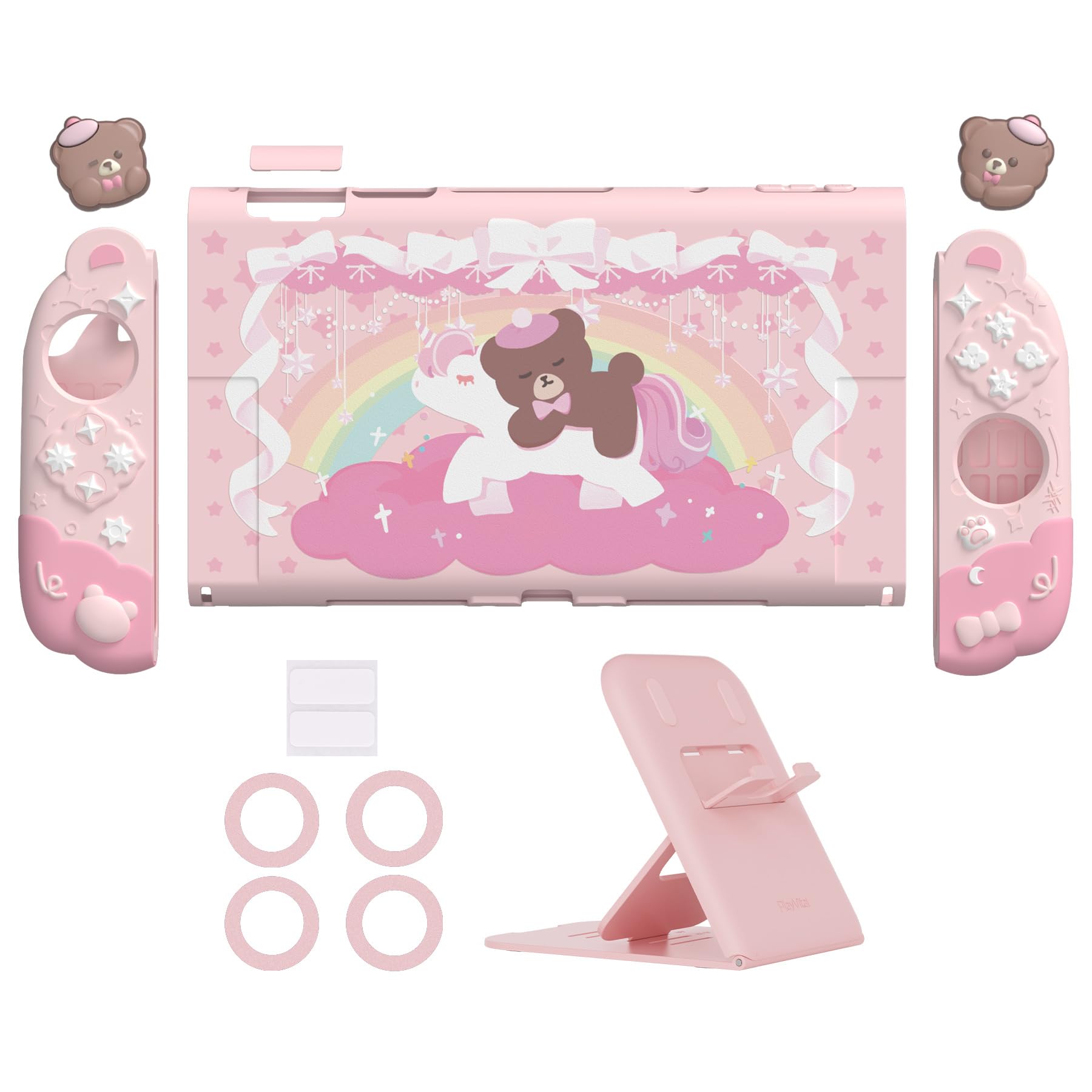 playvital Cover Dockable Rigida per Nintendo Switch 2 Console, Custodia Protettiva Silicone per Joycon 2&Supporto Regolabile Extra&Copri Analogici, Accessori Carini, Buonanotte Orso-Rosa