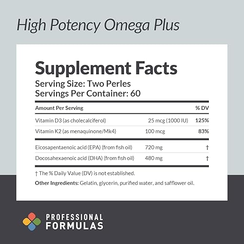 Miniatura 3 de Professional Formulas Omega Plus de alta potencia, ácidos grasos omega-3 EPA y DHA con vitaminas D3 y K2 para apoyar la salud cardiovascular y ósea,