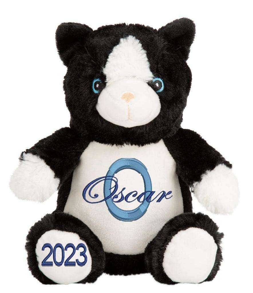 Personalised Teddy Bear and Animal Soft Plush Toys with Name & Initial, Customisable Baby Gift, New Baby, Baby Boy, Baby Girl, Baby Shower Gift, Birthday Gift, Christening Gift (Cat)