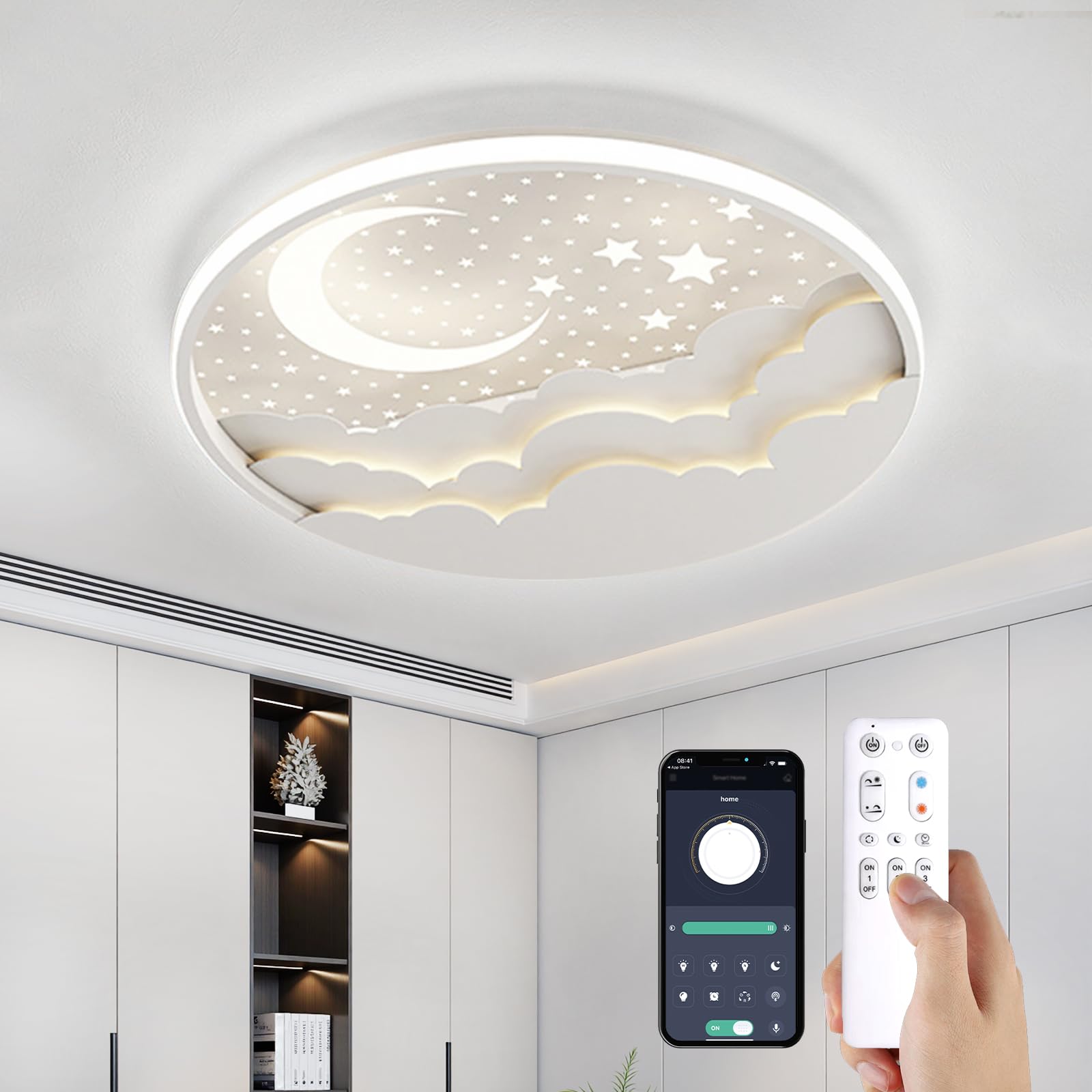 YZBEIMDAI Lampada da soffitto a LED per bambini, 50cm Stella Luna Plafoniera Cameretta Bambini Dimmerabile con Telecomando APP, 3000-6000K, Per Ragazzi Ragazze Cameretta
