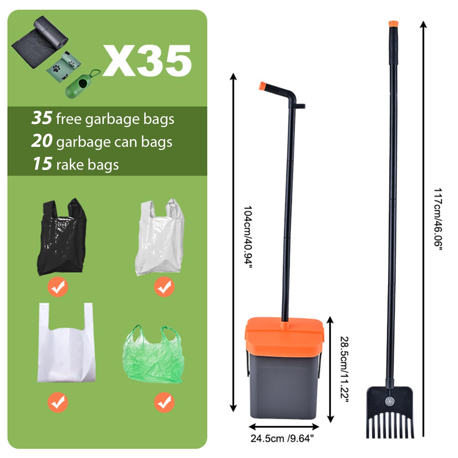 Pelle à Déjections Canines, 117 CM Pelle Ramasse Crottes pour Chiens et Râteau, Long Manche Grande Pelle à Déjections Canines, avec 35 Sacs à Déchets, Amovible,Utiliser pour Dans La Cour,Sur L'herbe