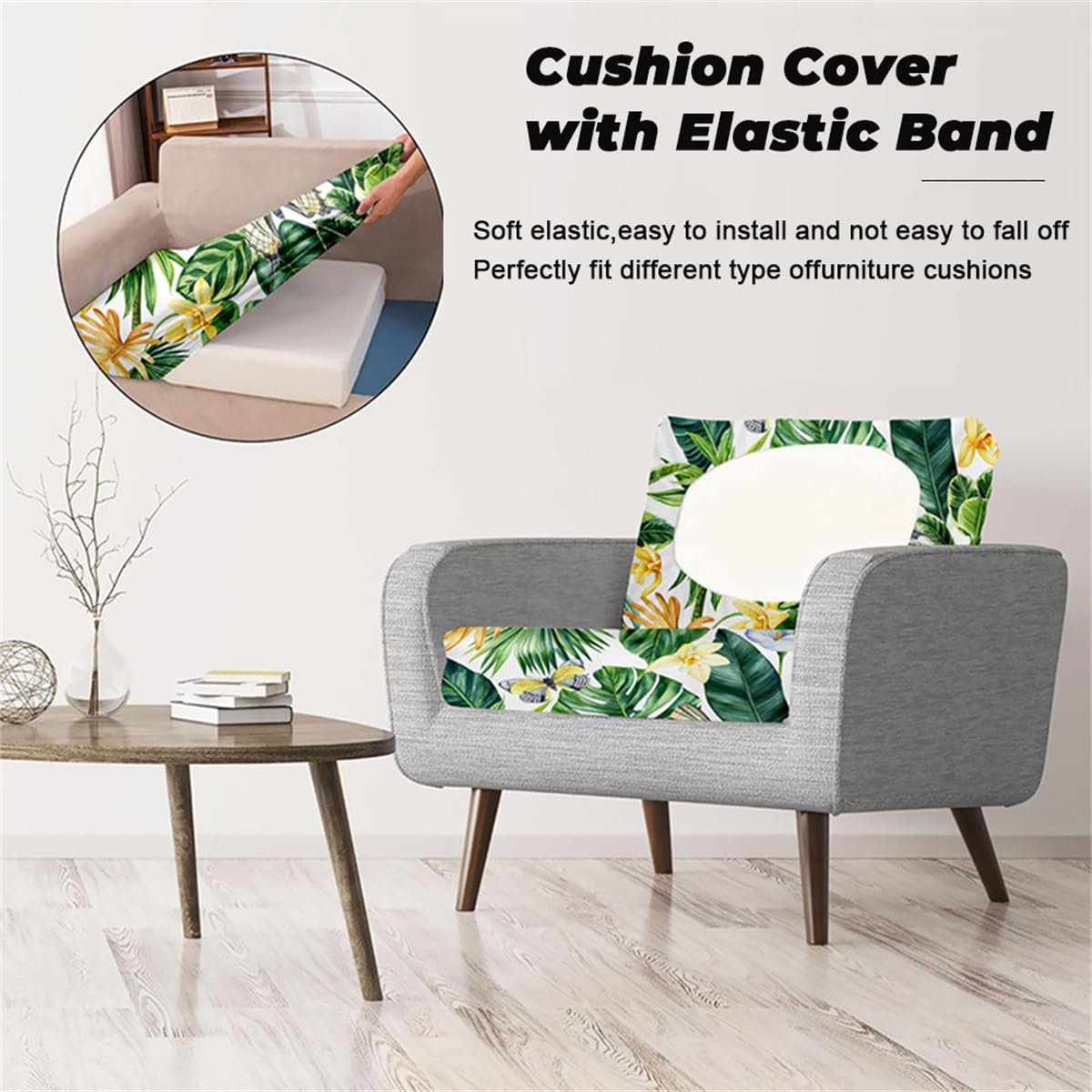 Hiseng Funda de Cojín Sofá Exterior Suave Elástica 3D Estampado de Hojas de Palma Repuesto Funda de Cojin de Asiento Patio Jardín Separados Lavable con Banda Elástica (Verde,12 Piezas)