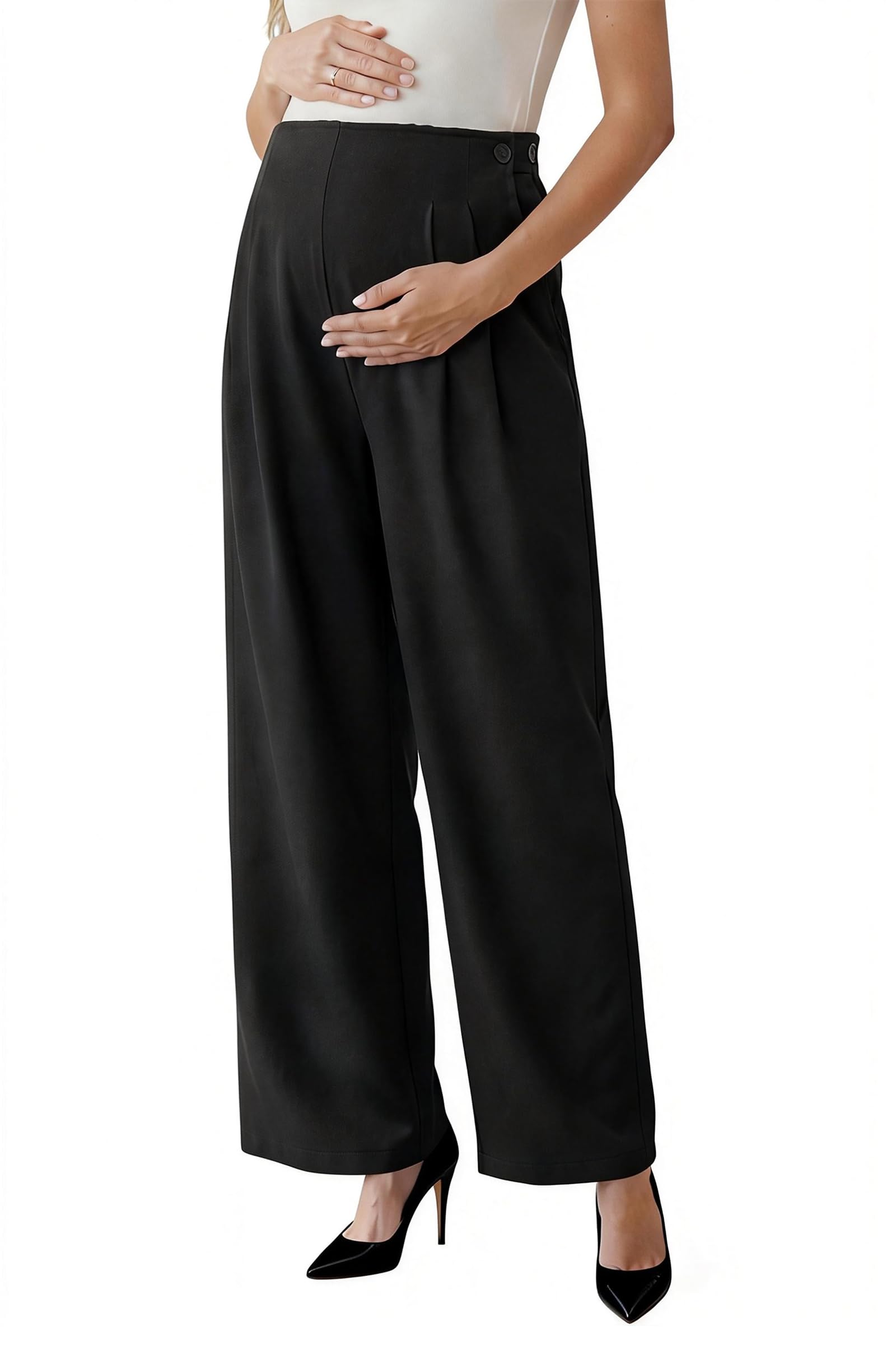 Photo 1 of OUGES Women's Linen Maternity Pants Casual Work Adjustable Waist Straight Wide Leg Business Office Trousers with Pockets(Black,S)
