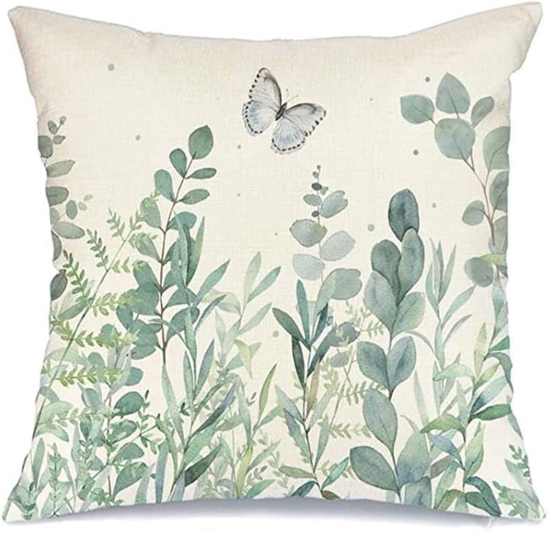 Miniatura 6 de HAIRUO Juego de 4 fundas de almohada de hojas verdes claras, 18 x 18 pulgadas, diseño de hojas simples y mariposas, para sala de estar, dormitorio,