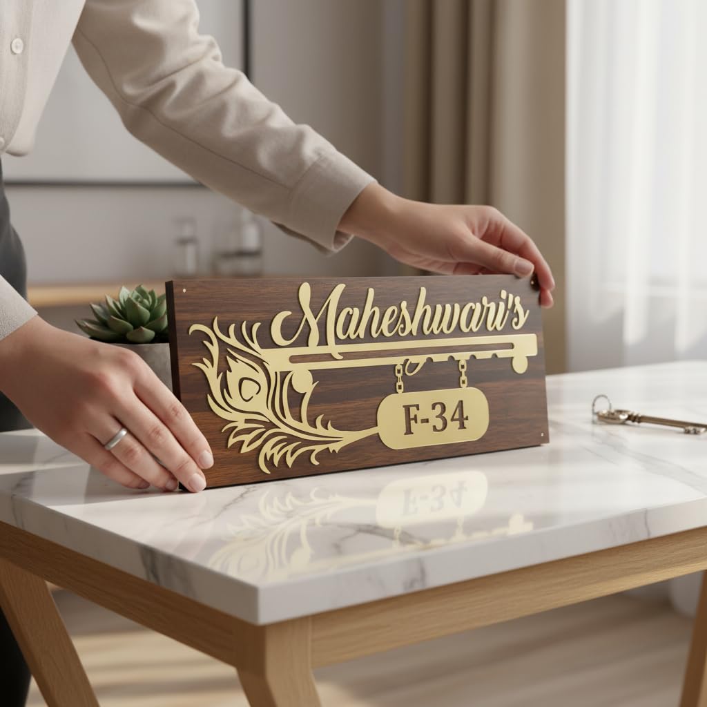 Personalised Home Door Name Plate Acrylic Embossed Letters With Mirror Shine Wood Craft Golden Acrylic Morpankh With Flute Customized Home Name Plate (Gold, 16 * 8) — Amazon image 3