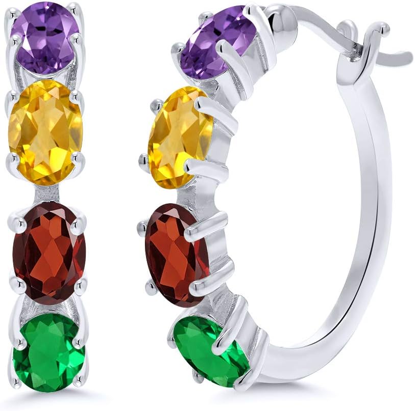 Gem Stone King Customize Personalized 4-Stone Family Hoop Earrings For Women | 925 Sterling Silver | Gemstone Birthstone | Fine Jewelry Gifts for Women Mom Wife Her