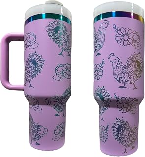 Tumbler, 40oz Tumbler, Western Tumbler, Engraved Cup with Handle, Cute Coffee Mug, 40oz Coffee Mug (Purple/Rainbow(27)-Chicken(N))