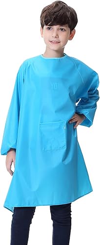 Delantal de arte para niños, delantal impermeable con bolsillo para niños, delantales de pintura de artistas con manga larga, Azul