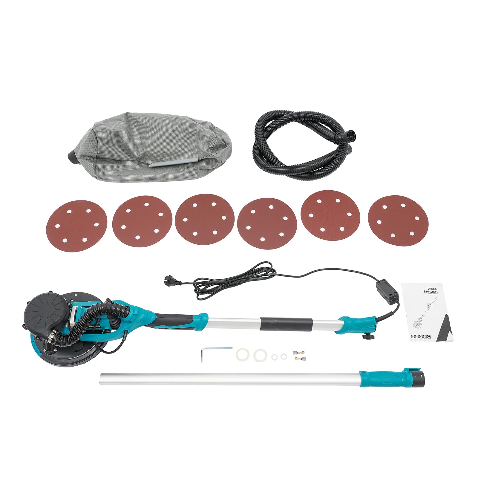 Lijadora de pared y techo, lijadora de cuello largo, lijadora de pared con aspiración, mango telescópico extensible, iluminación LED, bolsa de almacenamiento y 6 discos de lijado (azul)