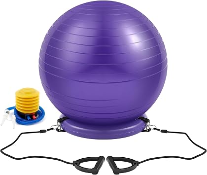 Blueweenly Yoga Ball Chair with Inflatable Stability Base Resistance Bands 65 cm Stability Ball Large Exercise Ball for Home Workout Office Desk Sitting Gym Fitness Back Pain Balance, Include Air Pump