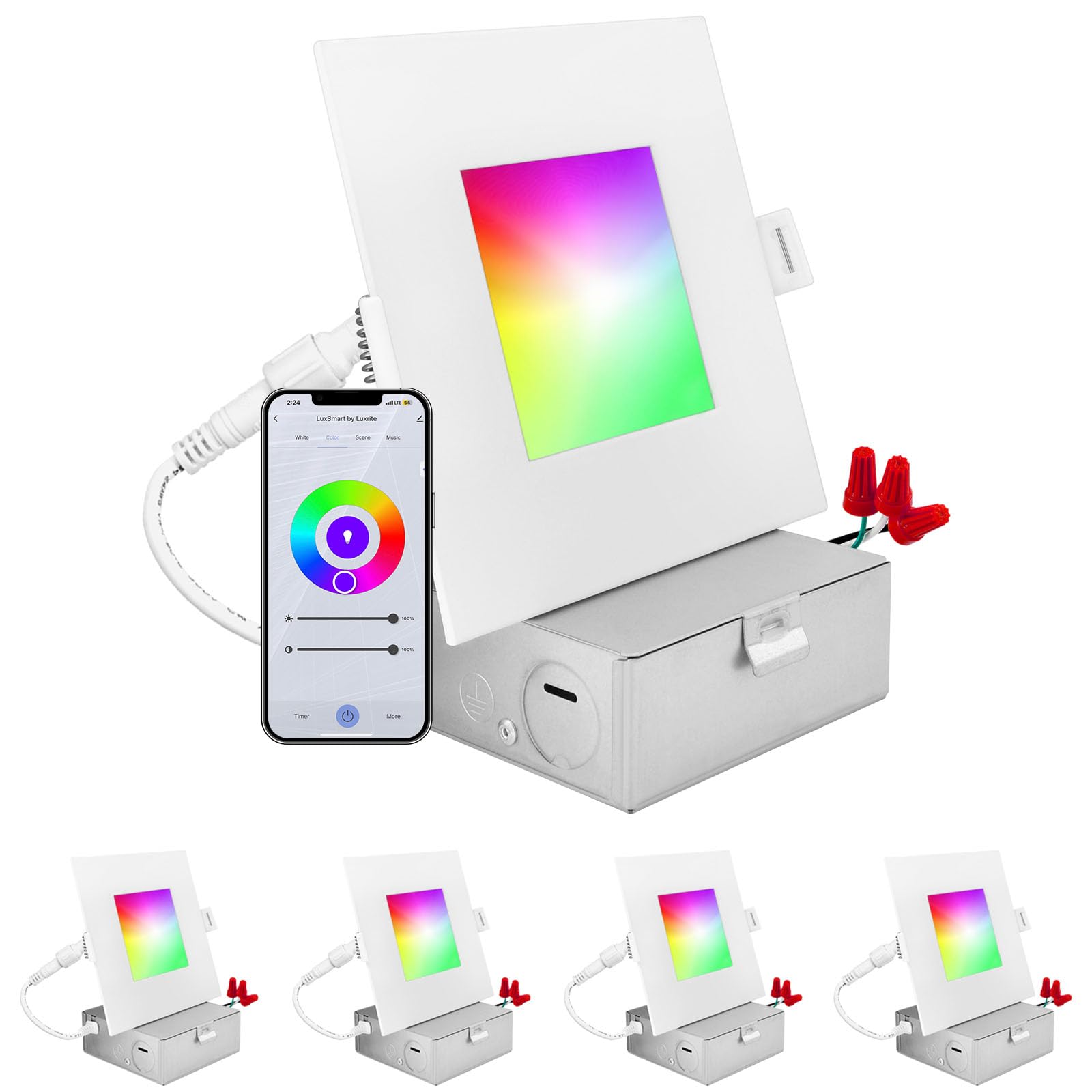LUXRITE 4 Inch Square Smart LED Recessed Lighting, RGBW Color Changing, WiFi App Control, Voice Control with Alexa and Google Home, No Hub Required, 10.5W 700LM, CRI 90, IC Rated, Wet Rated (4 Pack)